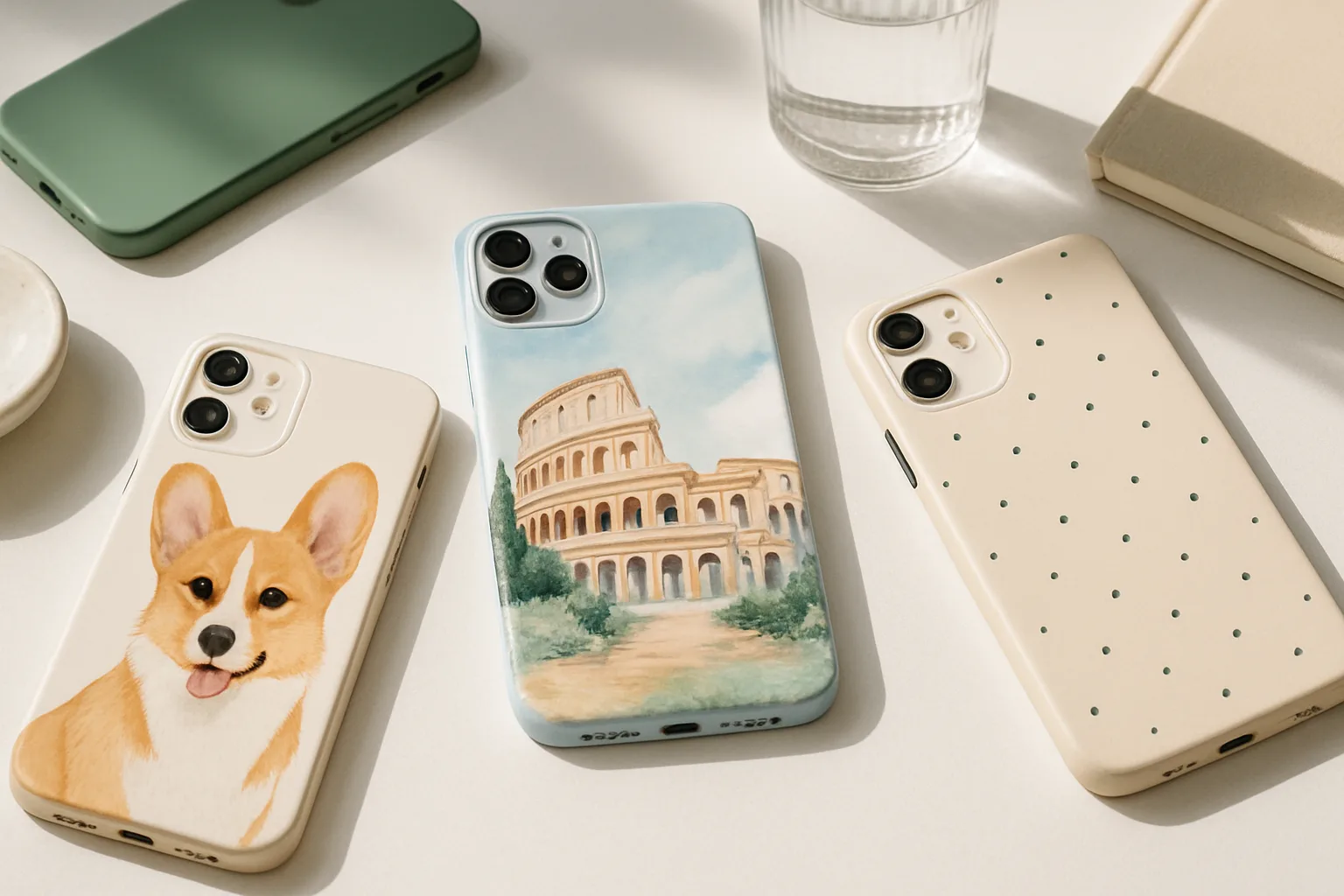 Colourful personalised phone cases showing AI art styles on a clean white tabletop.